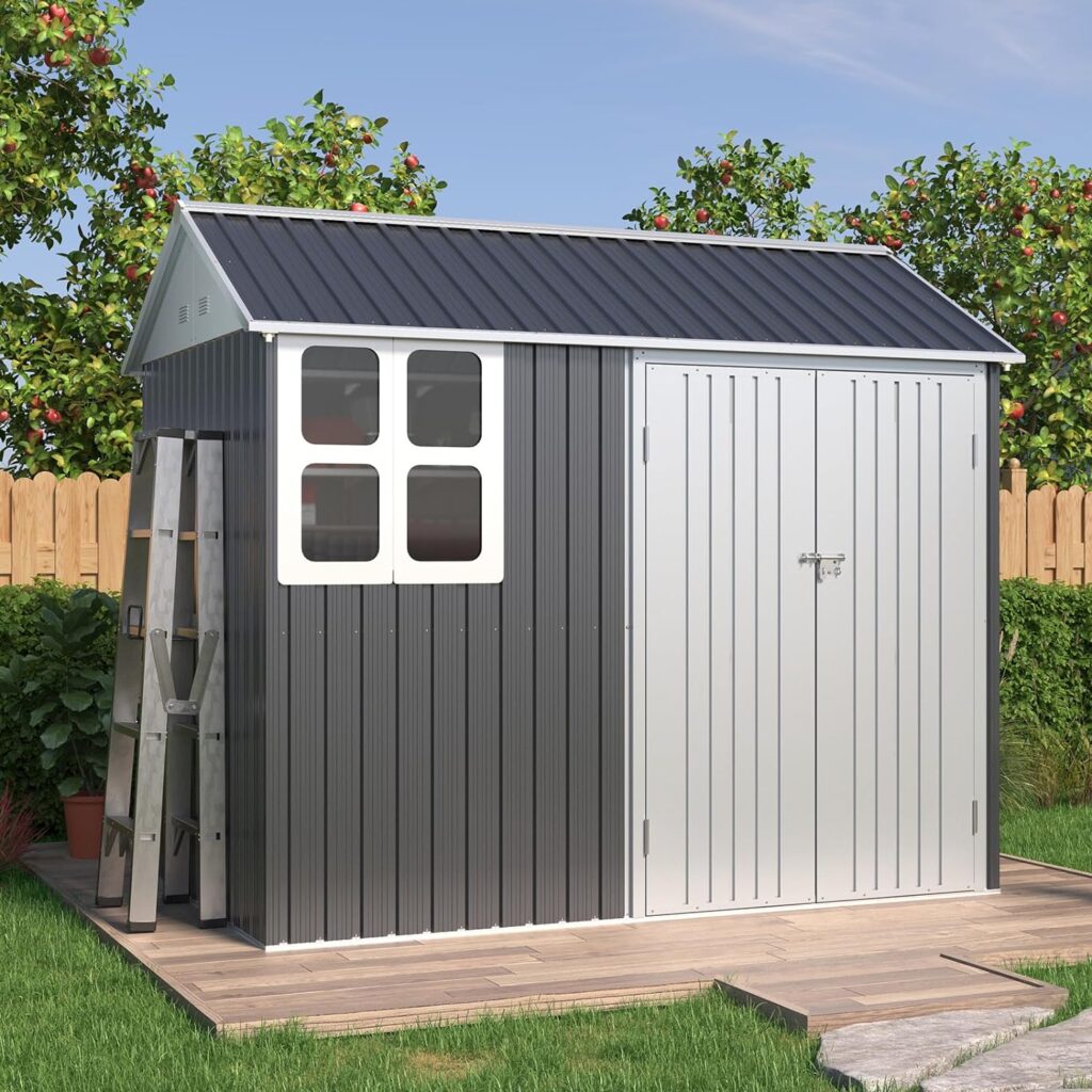 VanAcc 8x6x7.5 FT Outdoor Metal Storage Shed Nordic Cottage Shed 4-pane Window Garden House Double Lockable Hinged Doors for Backyard Garden Patio Lawn Dark Grey/White