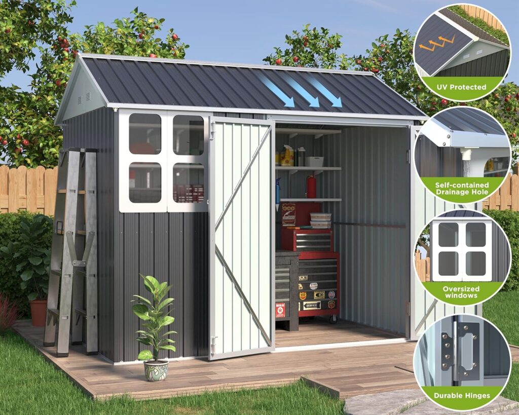 VanAcc 8x6x7.5 FT Outdoor Metal Storage Shed Nordic Cottage Shed 4-pane Window Garden House Double Lockable Hinged Doors for Backyard Garden Patio Lawn Dark Grey/White