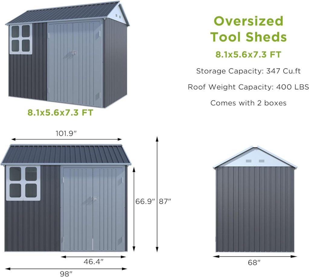 VanAcc 8x6x7.5 FT Outdoor Metal Storage Shed Nordic Cottage Shed 4-pane Window Garden House Double Lockable Hinged Doors for Backyard Garden Patio Lawn Dark Grey/White