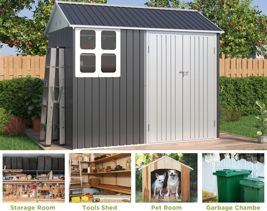 VanAcc 8x6x7.5 FT Outdoor Metal Storage Shed Nordic Cottage Shed 4-pane Window Garden House Double Lockable Hinged Doors for Backyard Garden Patio Lawn Dark Grey/White