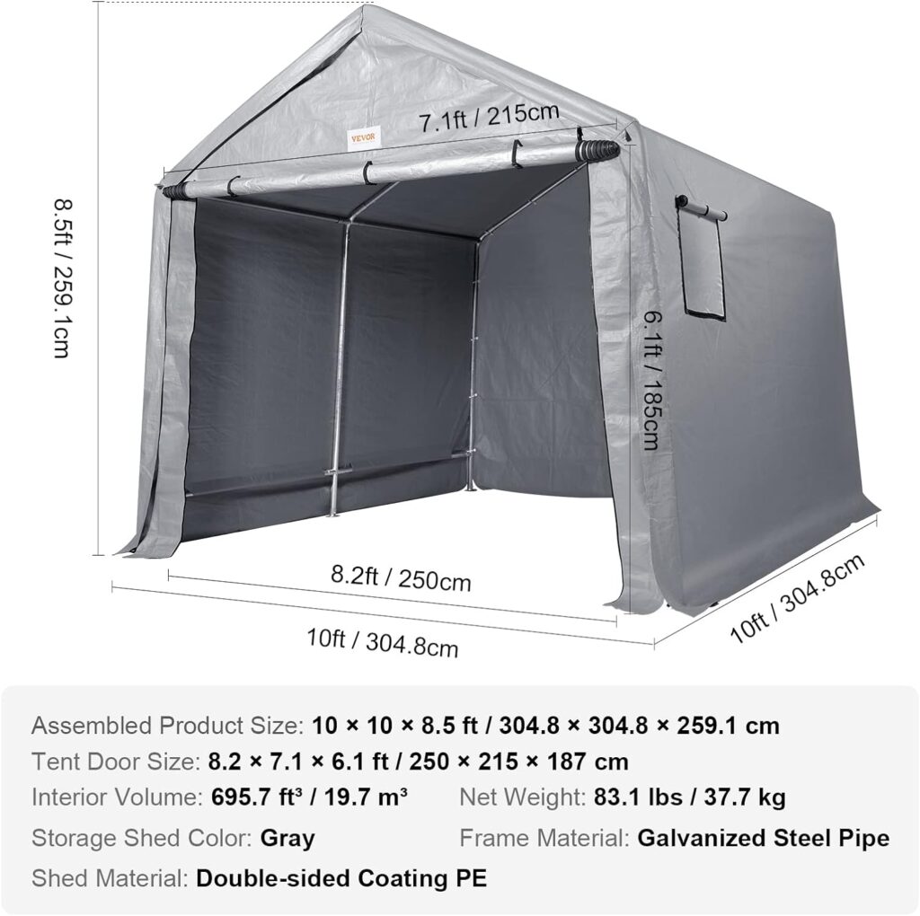 VEVOR Portable Shed Storage Shelter Outdoor, 10x10x8.5 ft Heavy Duty All-Season Instant Storage Tent Tarp Sheds with Roll-up Zipper Door and Ventilated Windows for Motorcycle, Bike, Garden Tools