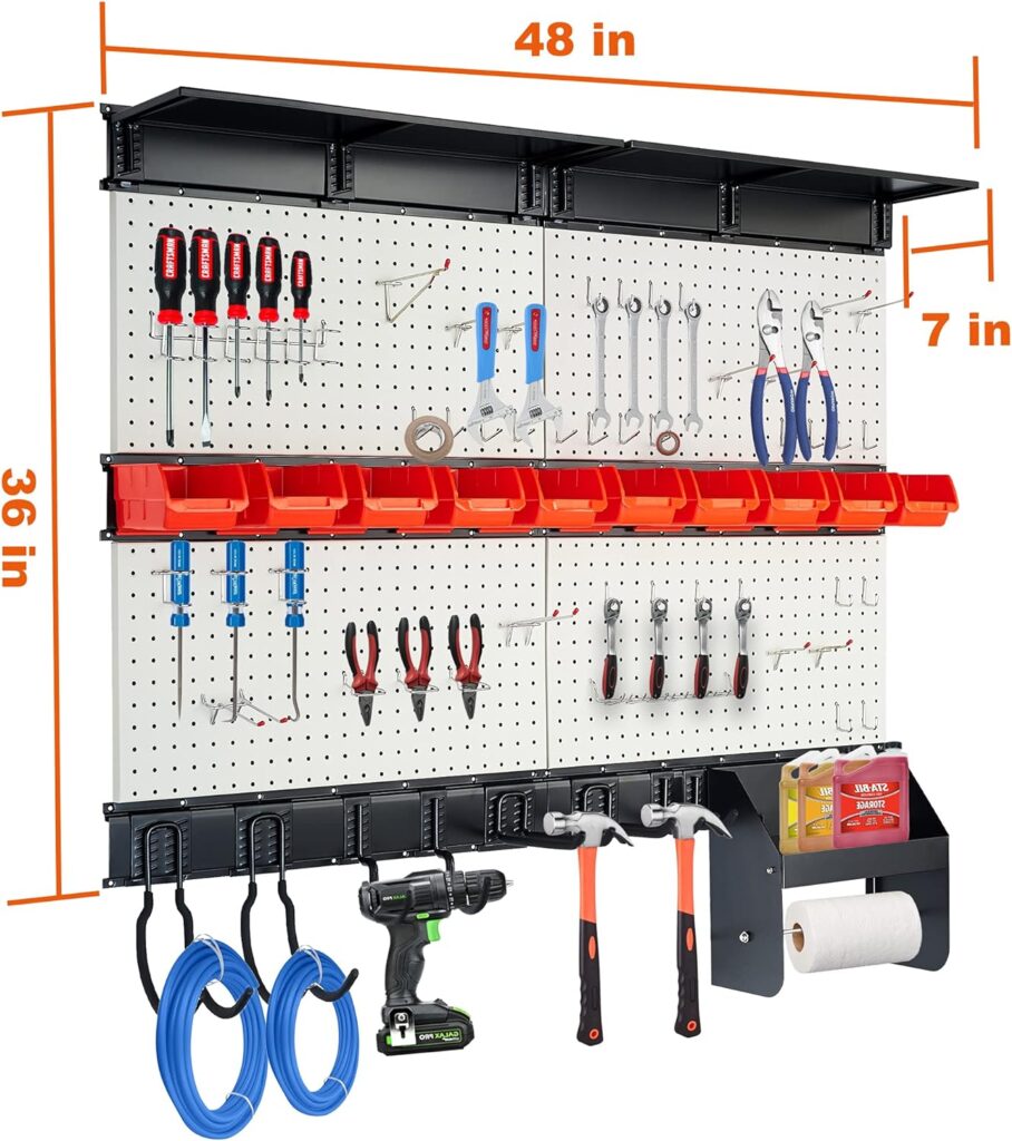 Wallmaster Pegboard Organizer Garage Storage Rack, Metal Pegboard Organizer Set with Tool Board Hooks Accessories,Storage Bins, Overhead Shelf, Paper Towel Holder Fathers Day Gift (Grey)