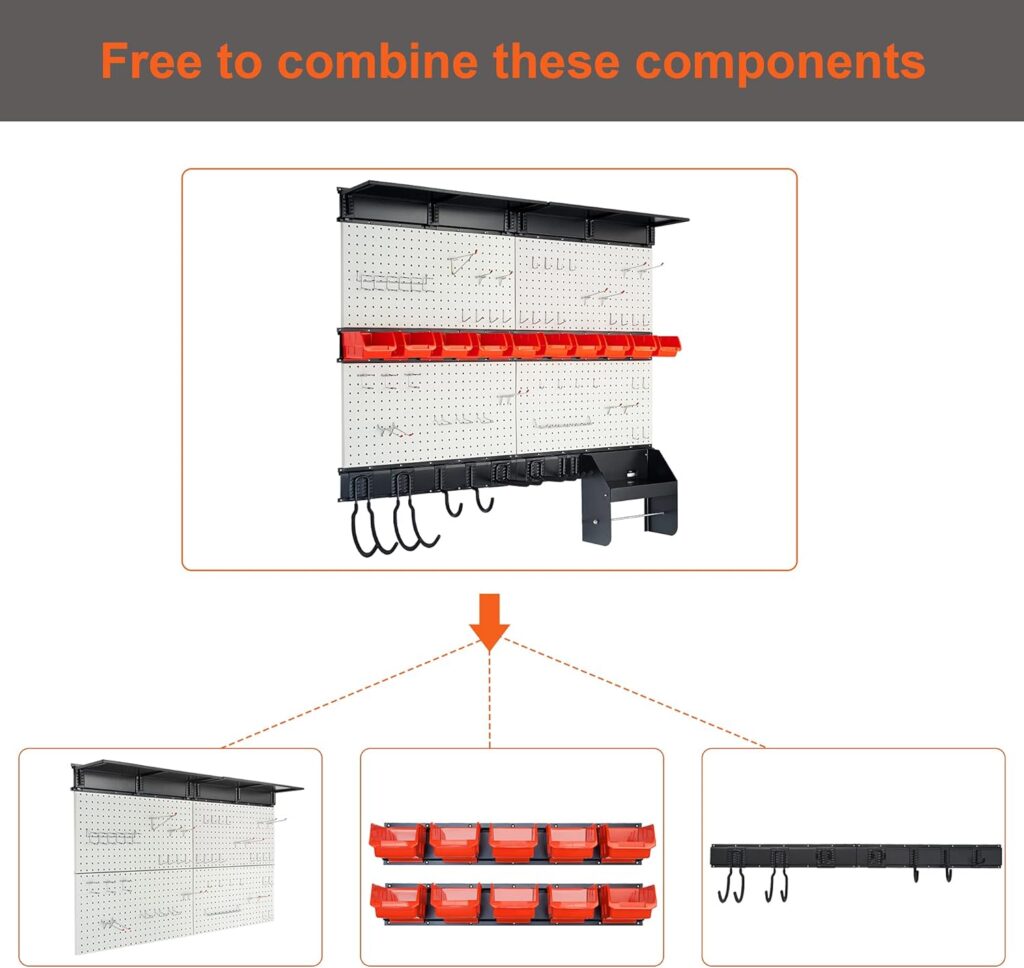Wallmaster Pegboard Organizer Garage Storage Rack, Metal Pegboard Organizer Set with Tool Board Hooks Accessories,Storage Bins, Overhead Shelf, Paper Towel Holder Fathers Day Gift (Grey)