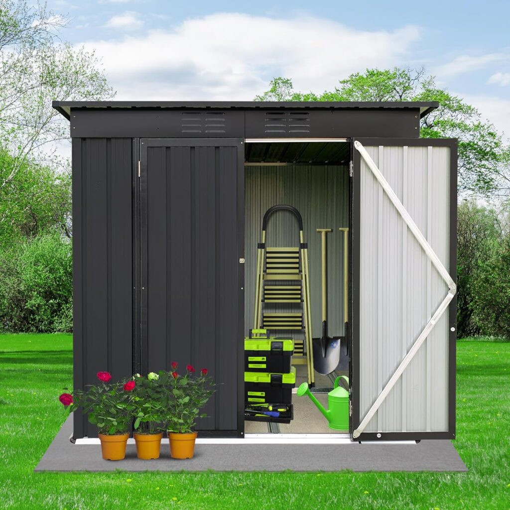 Zevemomo 6 x 4 ft Outdoor Storage Shed, All Weather Tool Shed with Metal Foundation  Lockable Doors, Metal Shed Outdoor Storage for Garden, Patio, Backyard, Lawn, Black