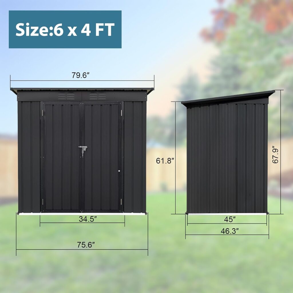 Zevemomo 6 x 4 ft Outdoor Storage Shed, All Weather Tool Shed with Metal Foundation  Lockable Doors, Metal Shed Outdoor Storage for Garden, Patio, Backyard, Lawn, Black