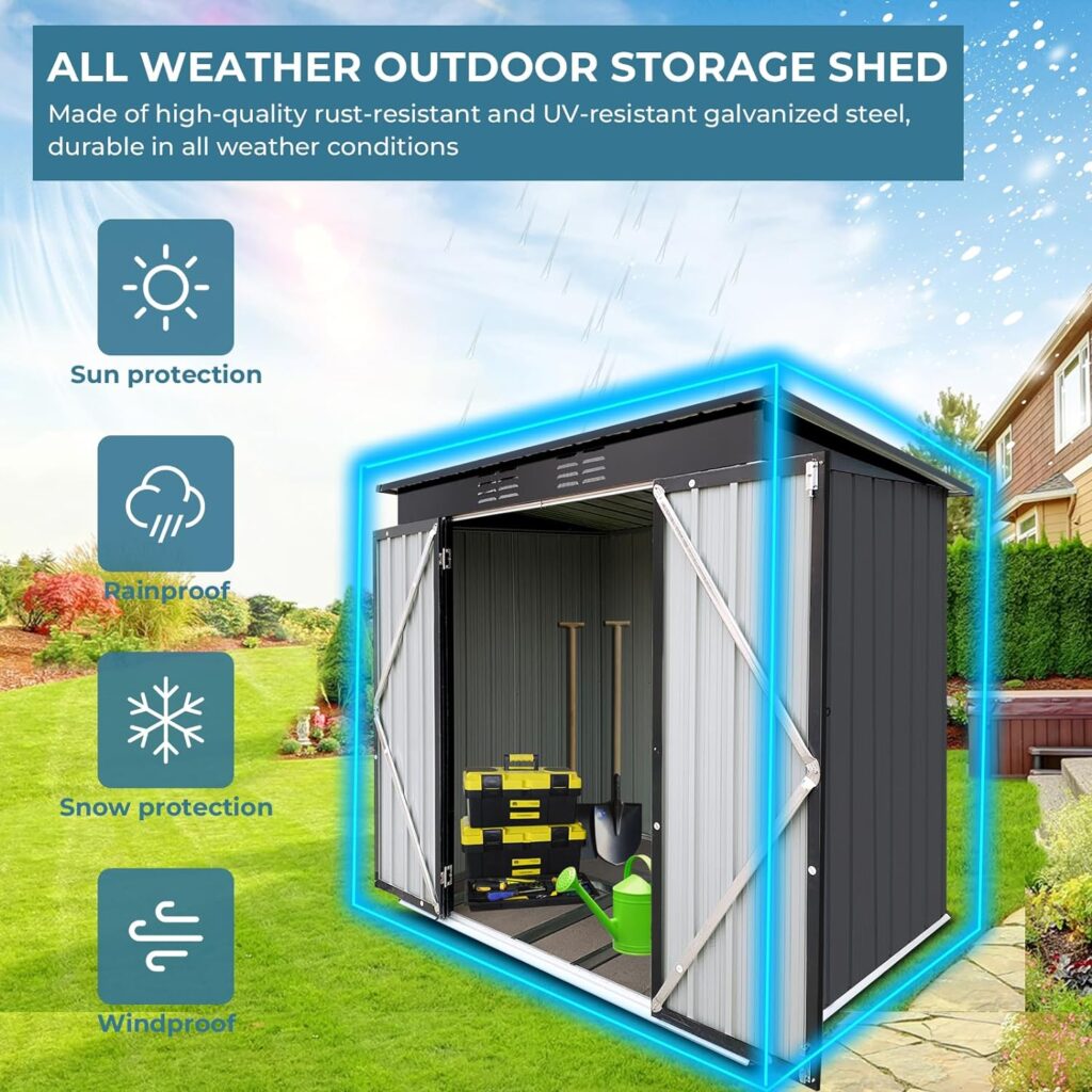 Zevemomo 6 x 4 ft Outdoor Storage Shed, All Weather Tool Shed with Metal Foundation  Lockable Doors, Metal Shed Outdoor Storage for Garden, Patio, Backyard, Lawn, Black