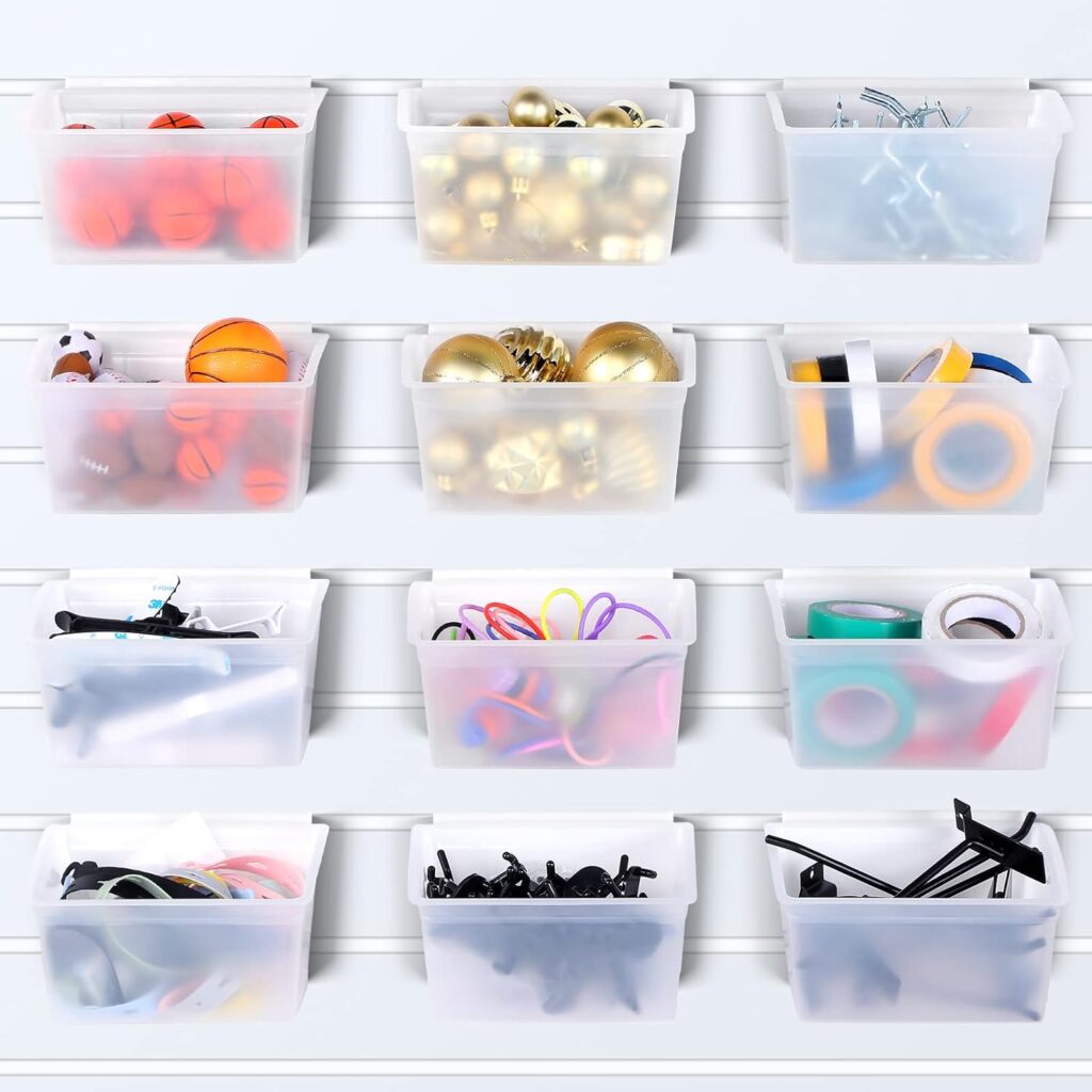 12 Pcs Storage Bin Clear Plastic Slatwall Bins for Slatwall Organizer Slatwall Containers Garage Accessories for Organizing Hardware Craft Storage Tool Organizer Garage Storage Craft Room Tool Shed