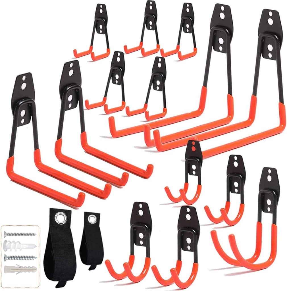 16PCS Garage Hooks Heavy Duty, Steel Storage Utility Hook, Organization Tool Shelf Have Anti Slip Coating for Organizing Power or Garden Tools, Bike, Cable Organization, More Equipment