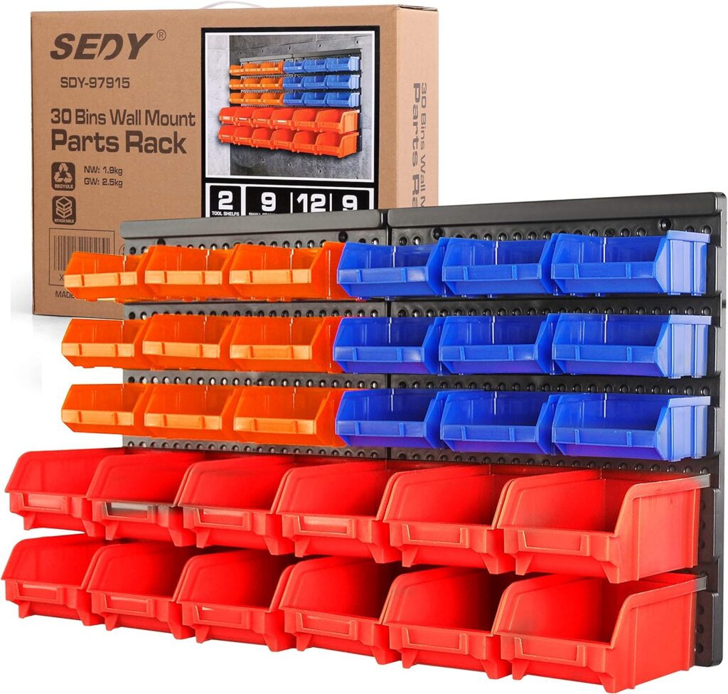 30-Bin Wall-Mounted Storage Rack System - Heavy-Duty Garage Tool Organizer for Screws, Nuts, Bolts, Nails, Beads, and Small Hardware Parts - Easy Installation and Customizable