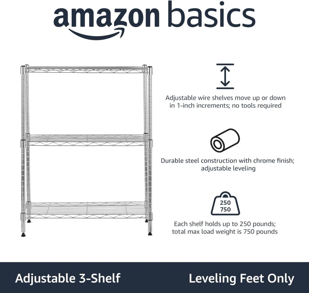 Amazon Basics 3-Shelf Narrow Adjustable, Heavy Duty Storage Shelving Unit (250 lbs loading capacity per shelf), Steel Organizer Wire Rack, Chrome, 23.2 L x 13.4 W x 30 H