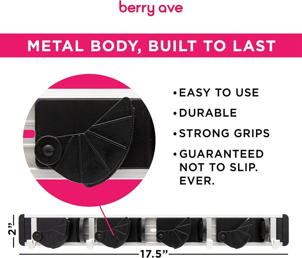 Berry Ave Broom Holder  Wall Mount Garden Tool Organizer- Kitchen, Garage  Laundry Room Storage With 4 Slots And 4 Hooks- Wall Holder For Broom, Rake  Mop Handles Up To 1.25”