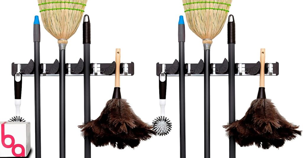 Berry Ave Broom Holder  Wall Mount Garden Tool Organizer- Kitchen, Garage  Laundry Room Storage With 4 Slots And 4 Hooks- Wall Holder For Broom, Rake  Mop Handles Up To 1.25”
