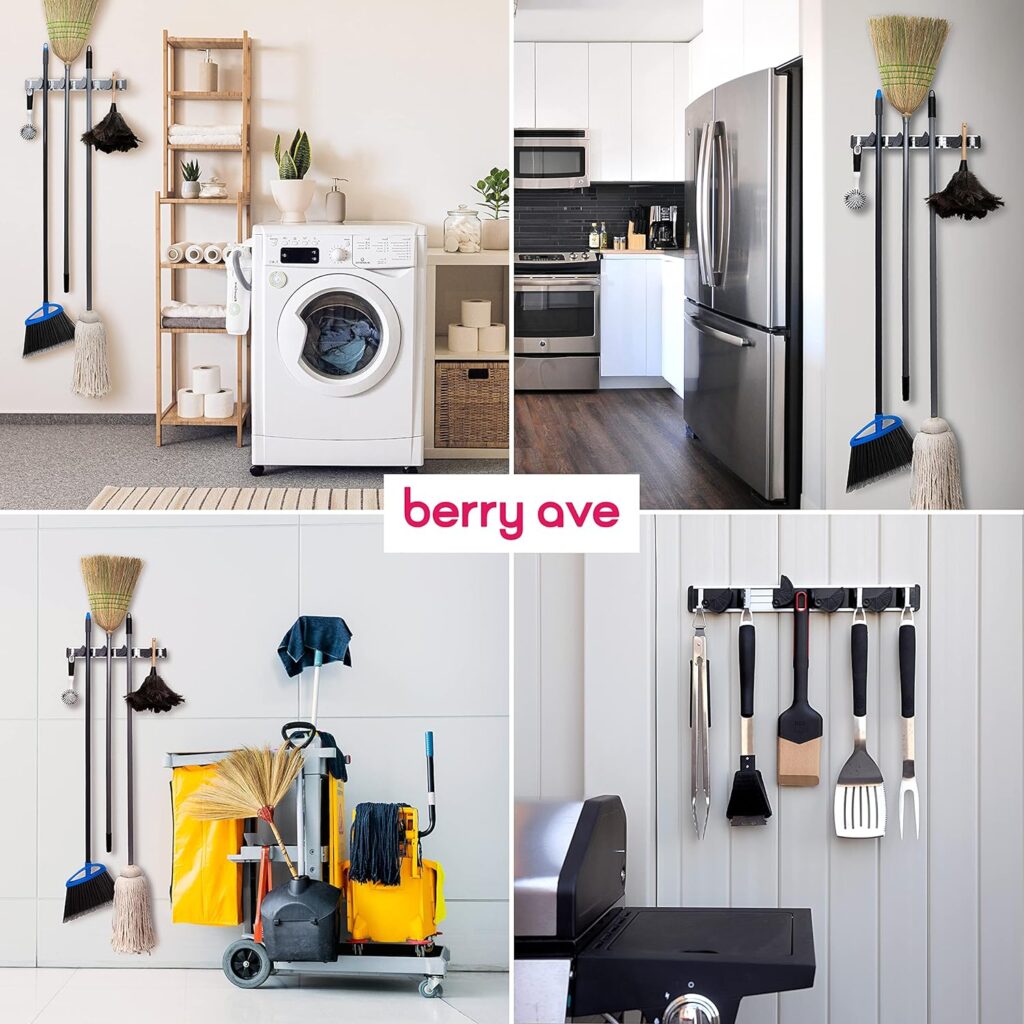 Berry Ave Broom Holder  Wall Mount Garden Tool Organizer- Kitchen, Garage  Laundry Room Storage With 4 Slots And 4 Hooks- Wall Holder For Broom, Rake  Mop Handles Up To 1.25”