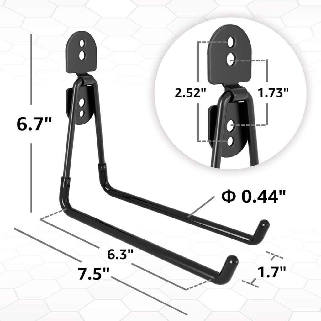 COCOYA Garage Hooks, Large 4-Pack Shed Storage Hanger 7.5 Long Heavy Duty Wall Mount Double Holder with 2 Extension Cord Storage Straps, Organize Yard Utility Garden Tool Hanging Ladder Chair Black