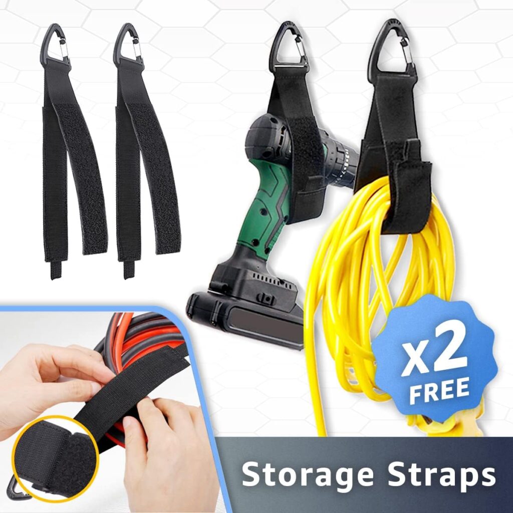 COCOYA Garage Hooks, Large 4-Pack Shed Storage Hanger 7.5 Long Heavy Duty Wall Mount Double Holder with 2 Extension Cord Storage Straps, Organize Yard Utility Garden Tool Hanging Ladder Chair Black