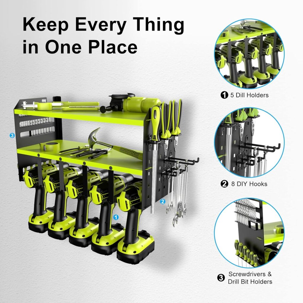 EMBATHER Power Tool Organizer and Storage: 5 Drill Holder Wall Mount for Garage Organization - Heavy Duty Metal Utility Racks  Cordless Drill Storage Power Tool Shelf Organizer for Warehouse