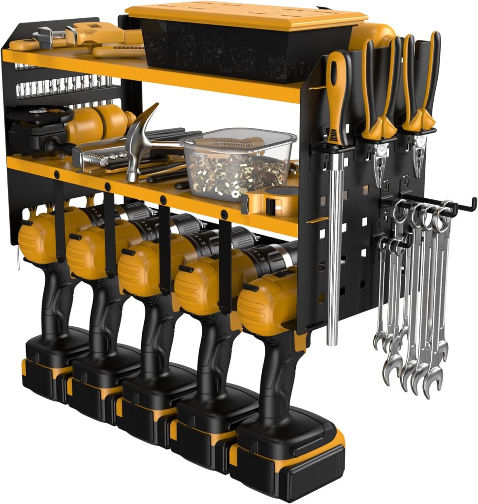 EMBATHER Power Tool Organizer and Storage: 5 Drill Holder Wall Mount for Garage Organization - Heavy Duty Metal Utility Racks  Cordless Drill Storage Power Tool Shelf Organizer for Warehouse