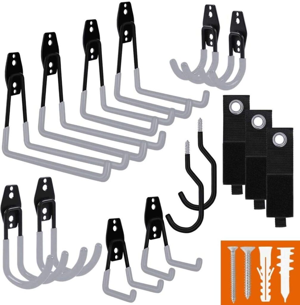 Garage Hooks, 4 Pack Wall Mount Storage Hanger with 2 Extension Cord Holder Organizer, Heavy-Duty 7.5 inch Long Hooks for Ladder, Ski, Sports, Utility, Garden Tool, Hose Storage Rack Organizer