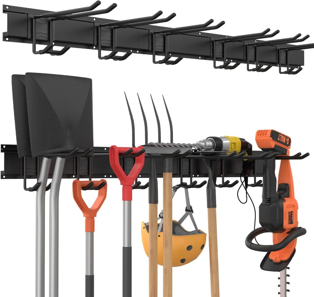 Garage Tool Storage Rack, 48 Inch Garage Organizer Wall Mounted Storage System with 6 Double Layer Hooks, Super Heavy Duty Garden Tool Hanger for Ski Gears, Chair, Rake Shovel Yard Tools