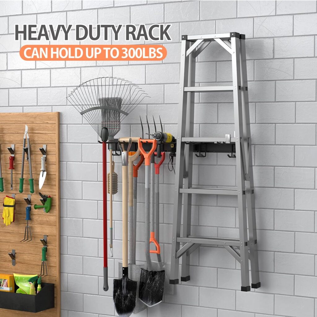 Garage Tool Storage Rack, 48 Inch Garage Organizer Wall Mounted Storage System with 6 Double Layer Hooks, Super Heavy Duty Garden Tool Hanger for Ski Gears, Chair, Rake Shovel Yard Tools