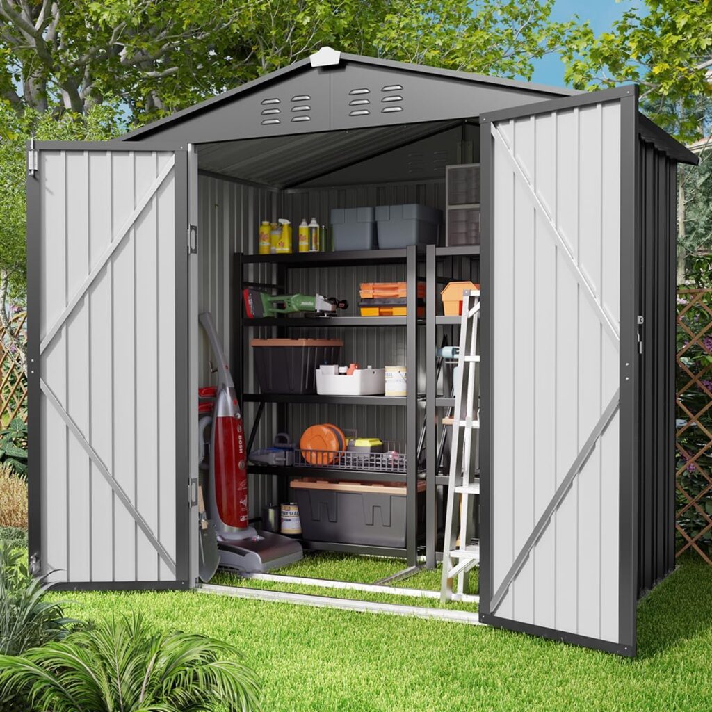 Gizoon Outdoor Storage Shed 6 x 4 FT with Metal Base Frame, Galvanized Metal Garden Shed with Double Lockable Doors, Weather-Resistant Outdoor Storage Clearance for Backyard Patio Lawn-Dark Gray