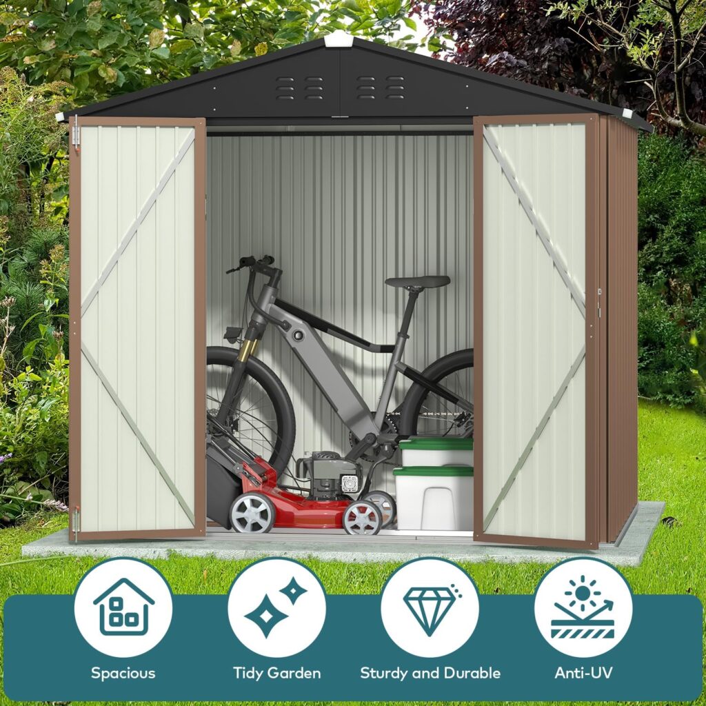 Gizoon Outdoor Storage Shed 6 x 4 FT with Metal Base Frame, Galvanized Metal Garden Shed with Double Lockable Doors, Weather-Resistant Outdoor Storage Clearance for Backyard Patio Lawn-Dark Gray