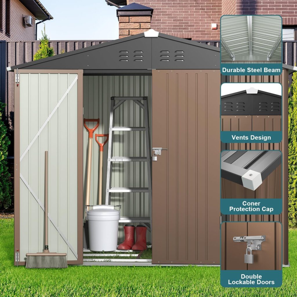 Gizoon Outdoor Storage Shed 6 x 4 FT with Metal Base Frame, Galvanized Metal Garden Shed with Double Lockable Doors, Weather-Resistant Outdoor Storage Clearance for Backyard Patio Lawn-Dark Gray