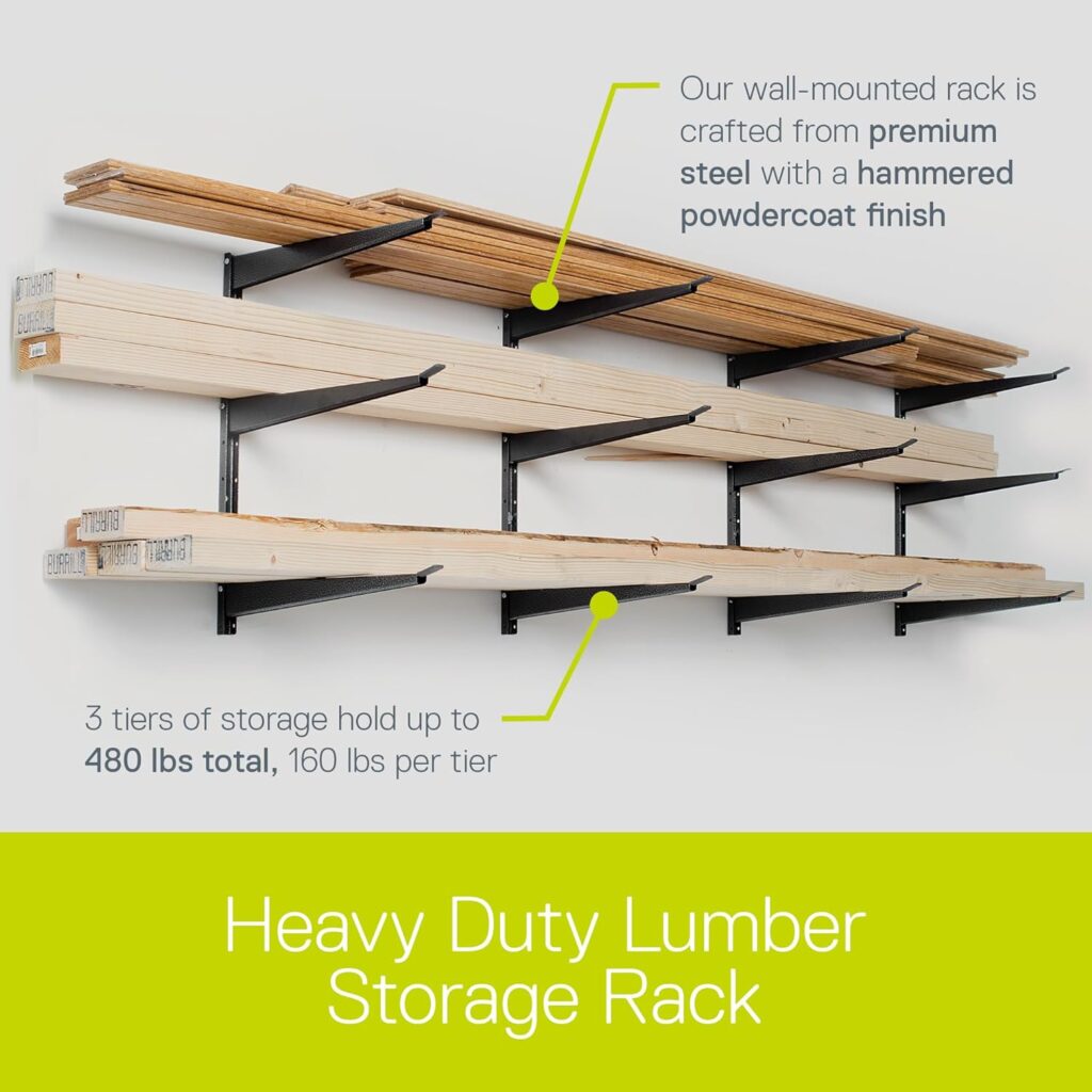 Heavy Duty Wood and Lumber Storage Rack, Holds Up to 480 lbs - Easy to Install Mounted Rack with Steel Construction for Indoor  Outdoor Storage Solution for Garage, Basement  Pantry by Delta Cycle