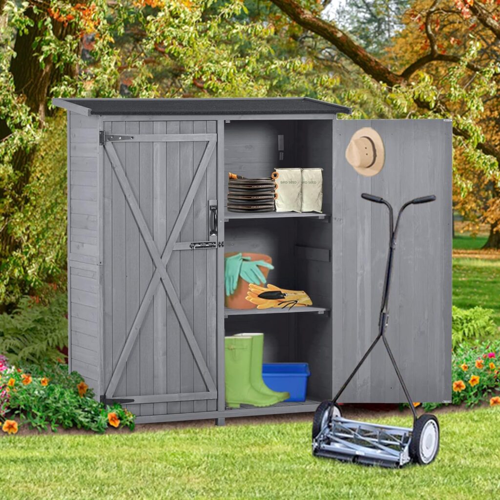 Jaxenor Outdoor Storage Cabinet,Garden Wood Tool Shed,Wood Lean-to Storage Shed Tool Organizer with Waterproof Asphalt Roof, Lockable Doors, 3-Tier Shelves for Backyard,5.8ft x 3ft,Gray