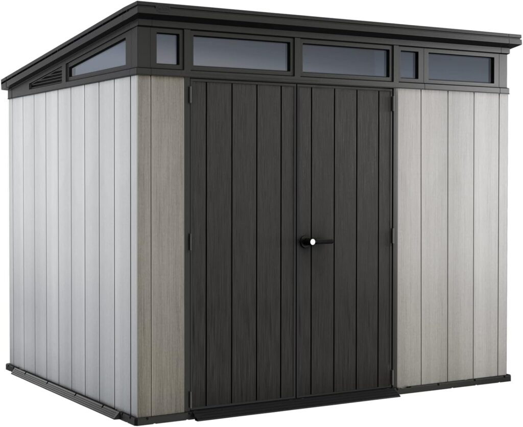 Keter Artisan 9 x 7 Foot Large Modern Design Outdoor Shed with Floor for Outdoor Furniture, Lawn Equipment, Bikes, and Gardening Tools, Gray/Black