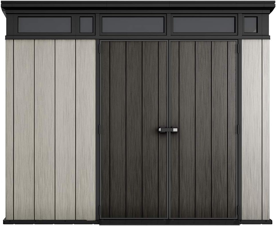 Keter Artisan 9 x 7 Foot Large Modern Design Outdoor Shed with Floor for Outdoor Furniture, Lawn Equipment, Bikes, and Gardening Tools, Gray/Black