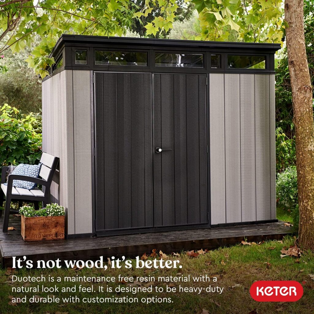 Keter Artisan 9 x 7 Foot Large Modern Design Outdoor Shed with Floor for Outdoor Furniture, Lawn Equipment, Bikes, and Gardening Tools, Gray/Black