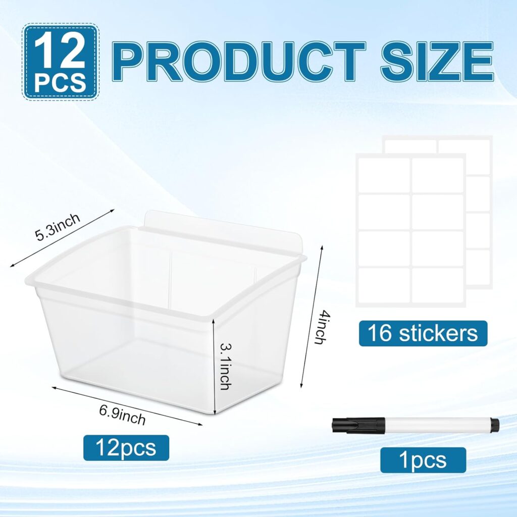 Mifoci 12 Pcs Storage Bins for PVC Slatwall Clear Plastic Storage Bin with Stickers Pens Slatwall Accessories for Organizing Hardware Craft Storage Tool Organizer Garage Storage Craft Room Tool Shed