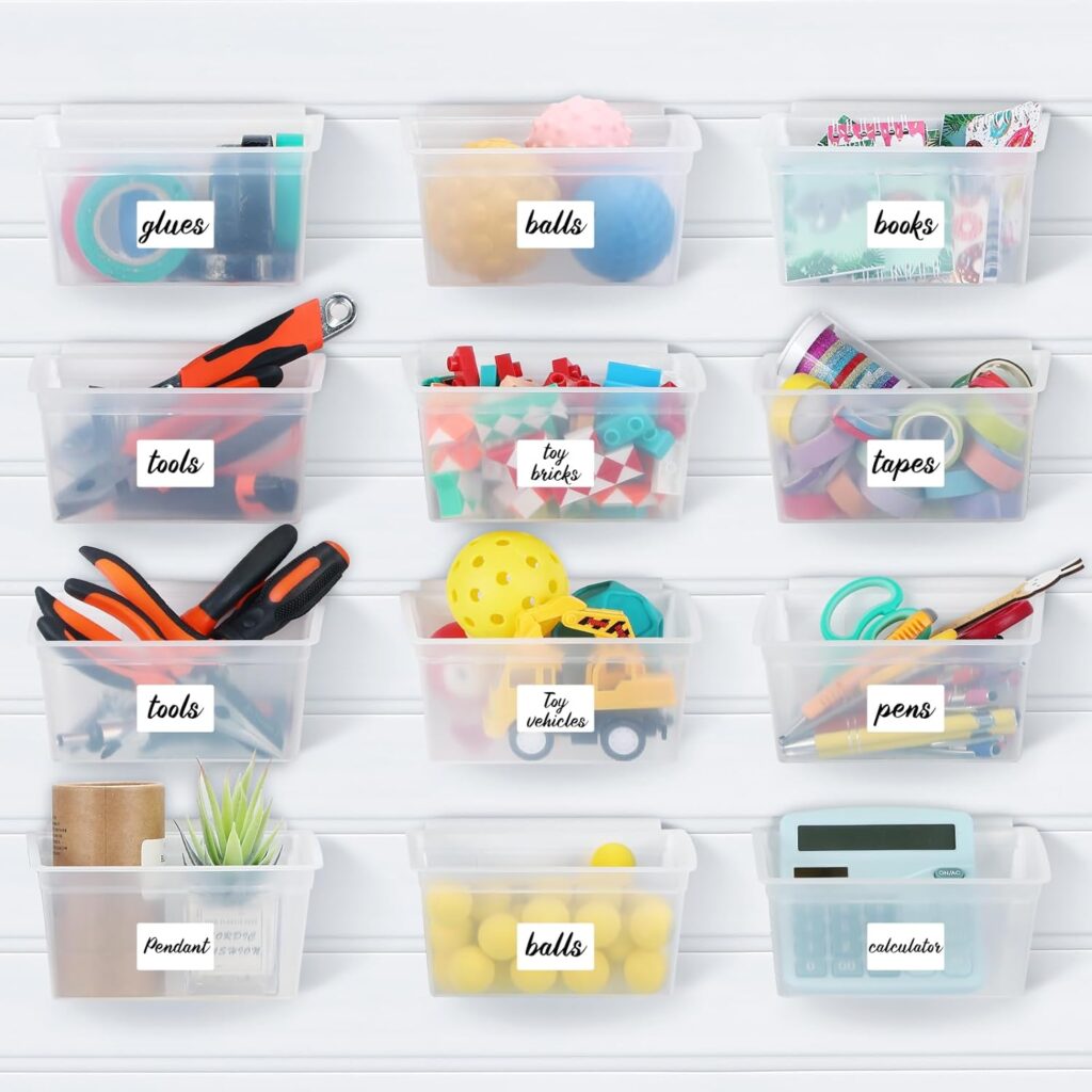 Mifoci 12 Pcs Storage Bins for PVC Slatwall Clear Plastic Storage Bin with Stickers Pens Slatwall Accessories for Organizing Hardware Craft Storage Tool Organizer Garage Storage Craft Room Tool Shed