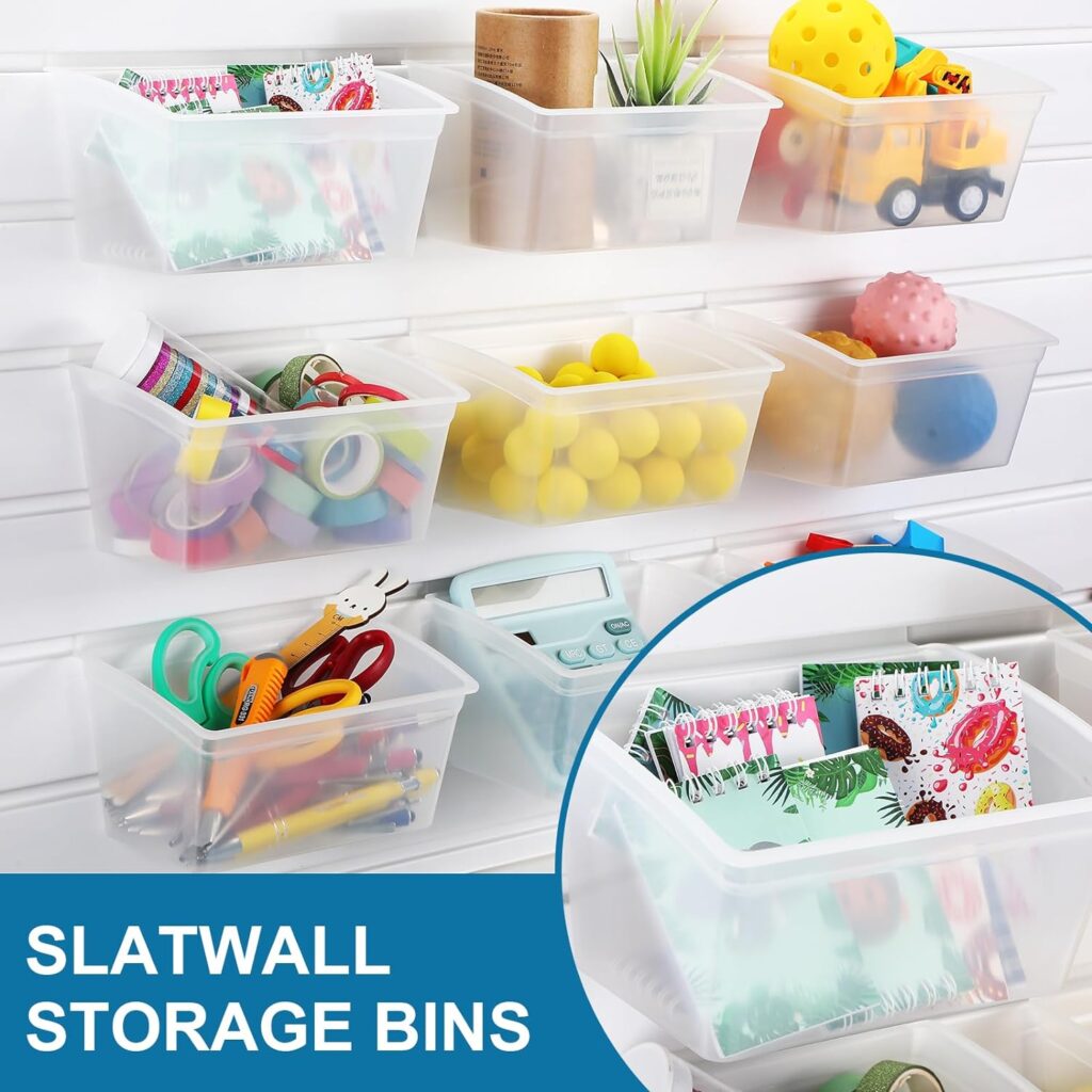 Mifoci 12 Pcs Storage Bins for PVC Slatwall Clear Plastic Storage Bin with Stickers Pens Slatwall Accessories for Organizing Hardware Craft Storage Tool Organizer Garage Storage Craft Room Tool Shed