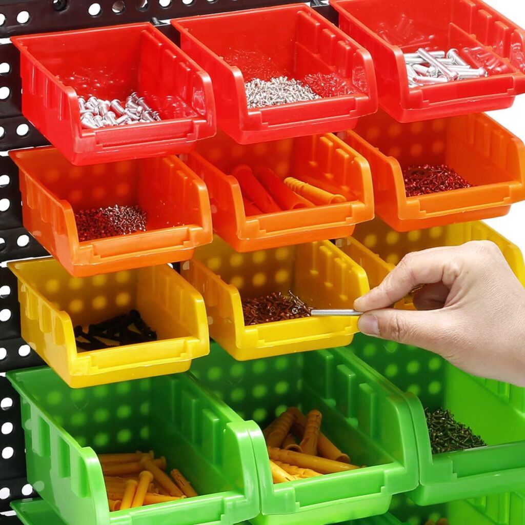 MULSAME Garage Storage Bins With Pegboard, Wall Mounted Parts Rack with 30PCS Bins Organizer, Stackable Garage Plastic Shop Tool, Garage Organizers for Nuts, Screws, Nails, Beads, Bolts Storage