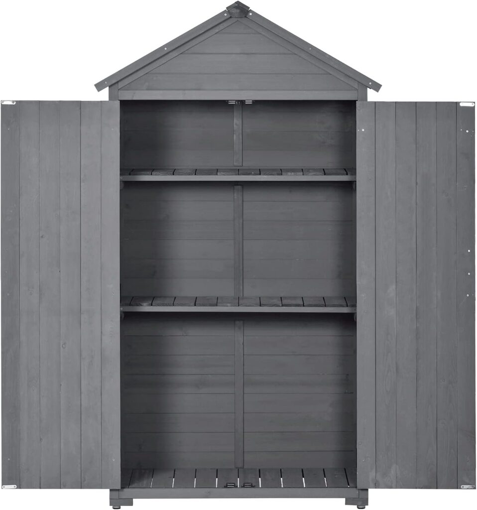 Outdoor Wooden Storage Cabinet Waterproof, Garden Tool Shed with 3-Tier Shelves, Outside Vertical Shed with 2 Double Doors  Adjustable Legs, Fir Wood, Lockable, Gray