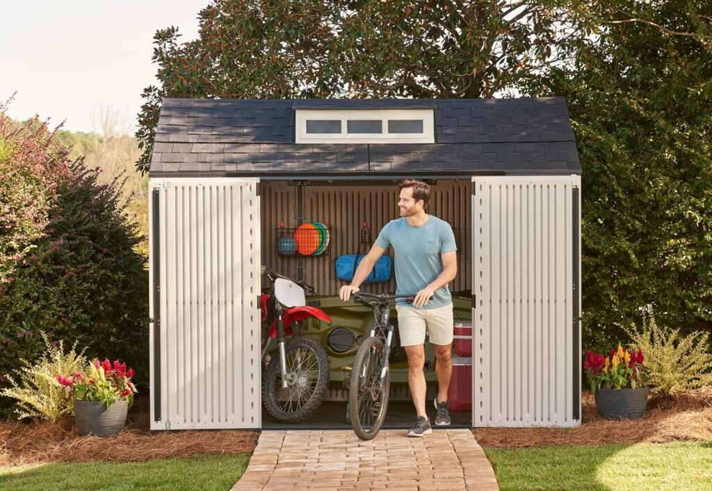 Rubbermaid Large Resin Outdoor Storage Shed, 7 x 7 ft., Brown, with Big Windows for Home/Garden/Back-Yard/Lawn Equipment