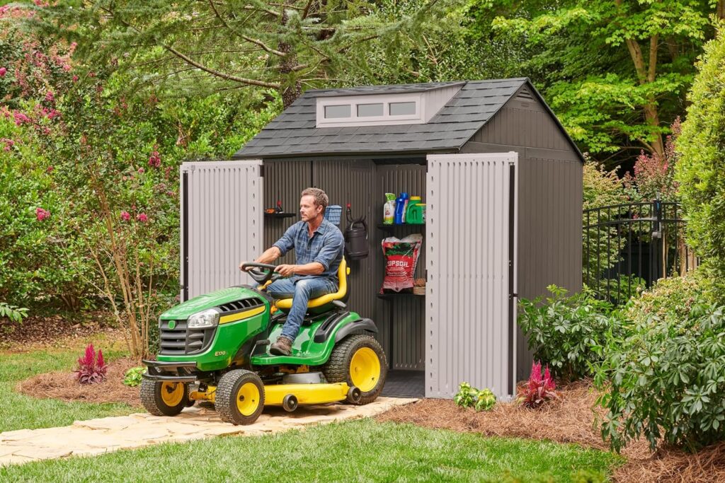 Rubbermaid Large Resin Outdoor Storage Shed, 7 x 7 ft., Brown, with Big Windows for Home/Garden/Back-Yard/Lawn Equipment