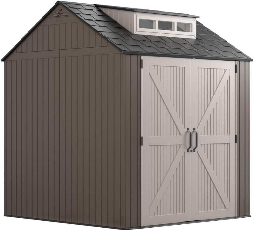 Rubbermaid Large Resin Outdoor Storage Shed, 7 x 7 ft., Brown, with Big Windows for Home/Garden/Back-Yard/Lawn Equipment