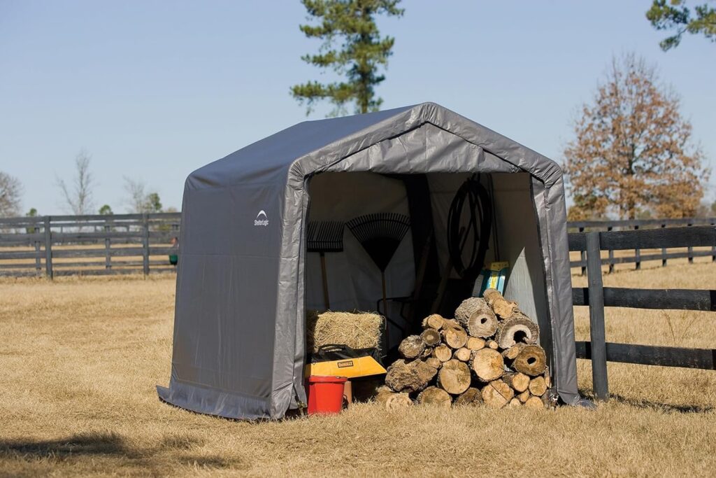 ShelterLogic 10 x 10 Shed-in-a-Box All Season Steel Metal Frame Peak Roof Outdoor Storage Shed with Waterproof Cover and Heavy Duty Reusable Auger Anchors, Grey