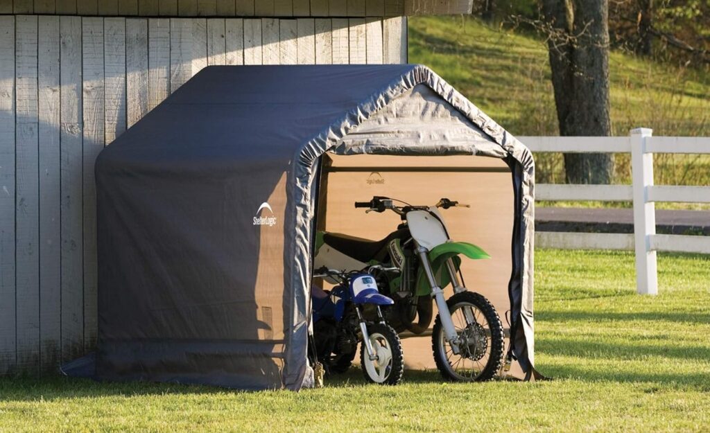 ShelterLogic 6 x 6 Shed-in-a-Box All Season Steel Metal Frame Peak Roof Outdoor Storage Shed, Grey  ShelterLogic 4-Piece Easy Hook Anchor Kit with 4 Cable Clamps and Driving Rod, 30-Inch