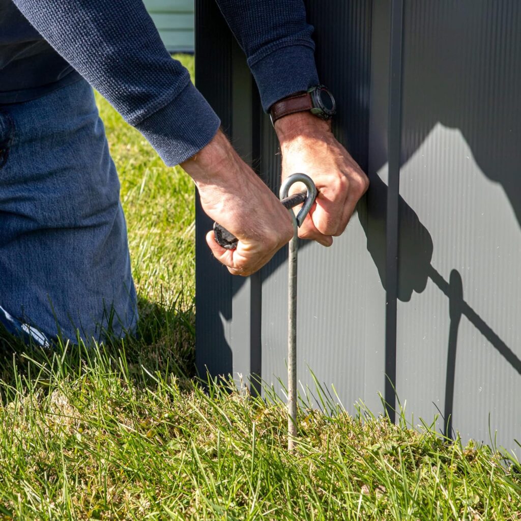 ShelterLogic 6 x 6 Shed-in-a-Box All Season Steel Metal Frame Peak Roof Outdoor Storage Shed, Grey  ShelterLogic ShelterAuger 4-Piece 30-Inch Reusable Heavy Duty Steel Earth Auger Anchor Kit