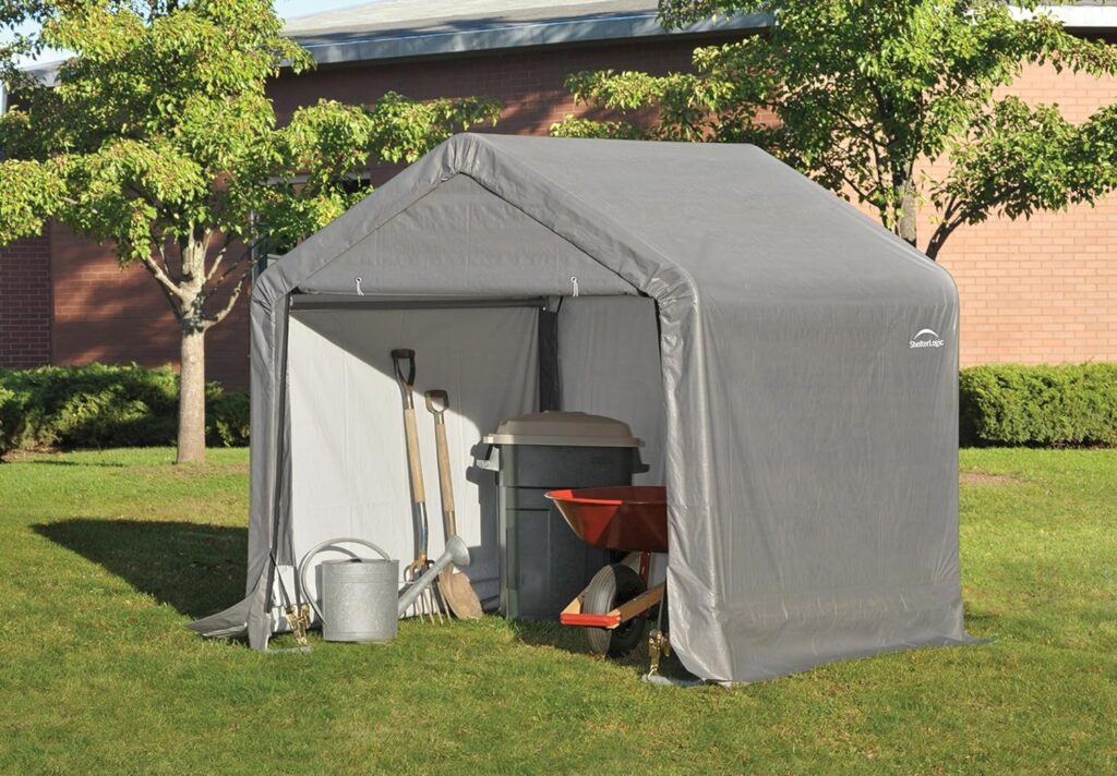 ShelterLogic 6 x 6 Shed-in-a-Box All Season Steel Metal Frame Peak Roof Outdoor Storage Shed, Grey  ShelterLogic ShelterAuger 4-Piece 30-Inch Reusable Heavy Duty Steel Earth Auger Anchor Kit
