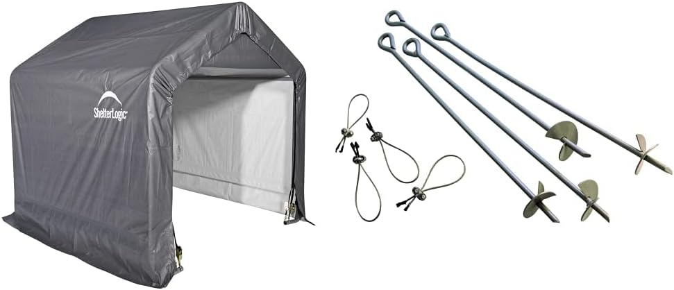 ShelterLogic 6 x 6 Shed-in-a-Box All Season Steel Metal Frame Peak Roof Outdoor Storage Shed, Grey  ShelterLogic ShelterAuger 4-Piece 30-Inch Reusable Heavy Duty Steel Earth Auger Anchor Kit