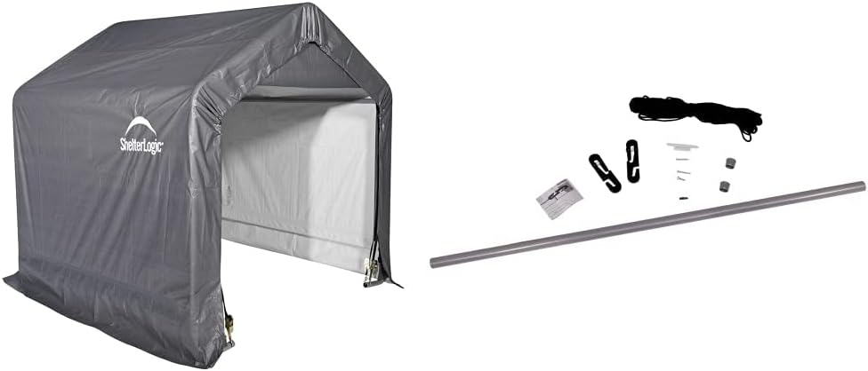 ShelterLogic 6 x 6 Shed-in-a-Box All Season Steel Metal Frame Peak Roof Outdoor Storage Shed with Waterproof Cover and Heavy Duty Auger Anchors, Grey  ShelterLogic Pull-Eaze Roll-Up Door Kit