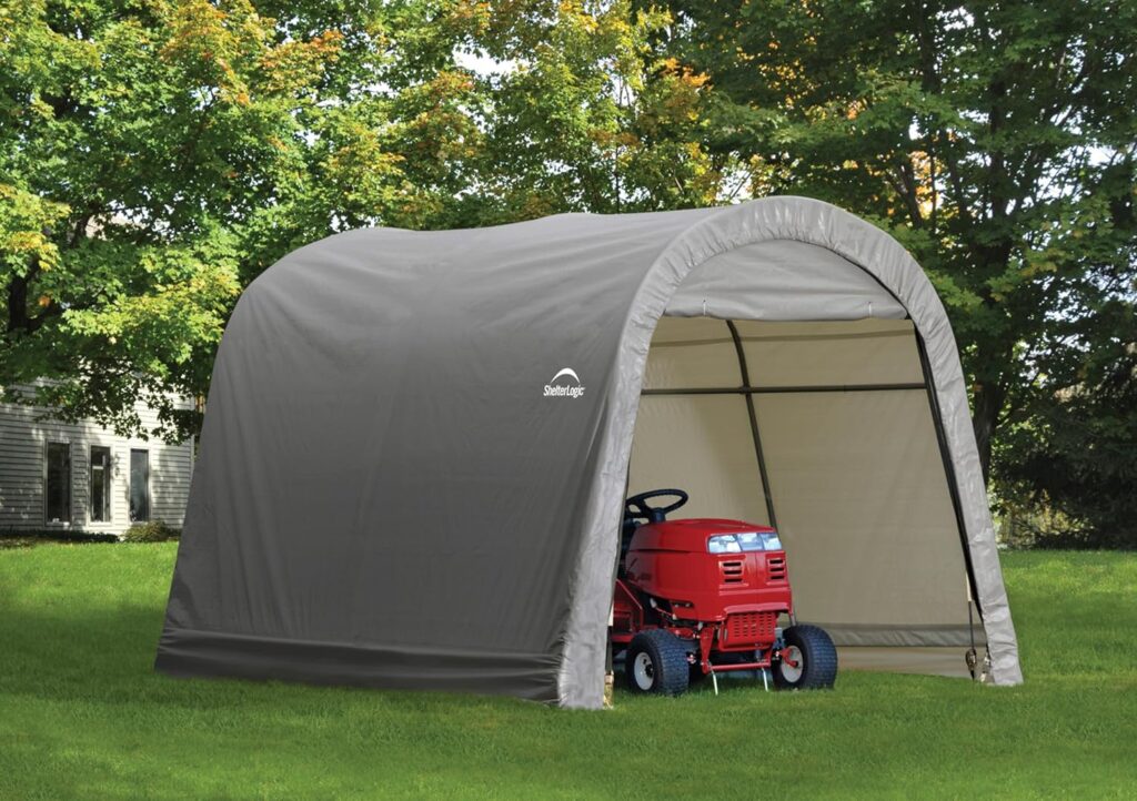 ShelterLogic 8 x 8 Shed-in-a-Box All Season Steel Metal Frame Peak Roof Outdoor Storage Shed with Waterproof Cover and Heavy Duty Reusable Auger Anchors, Grey