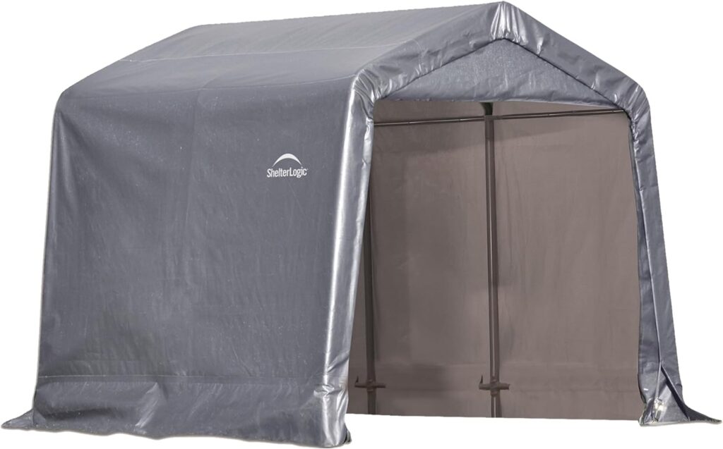 ShelterLogic 8 x 8 Shed-in-a-Box All Season Steel Metal Frame Peak Roof Outdoor Storage Shed with Waterproof Cover and Heavy Duty Reusable Auger Anchors, Grey
