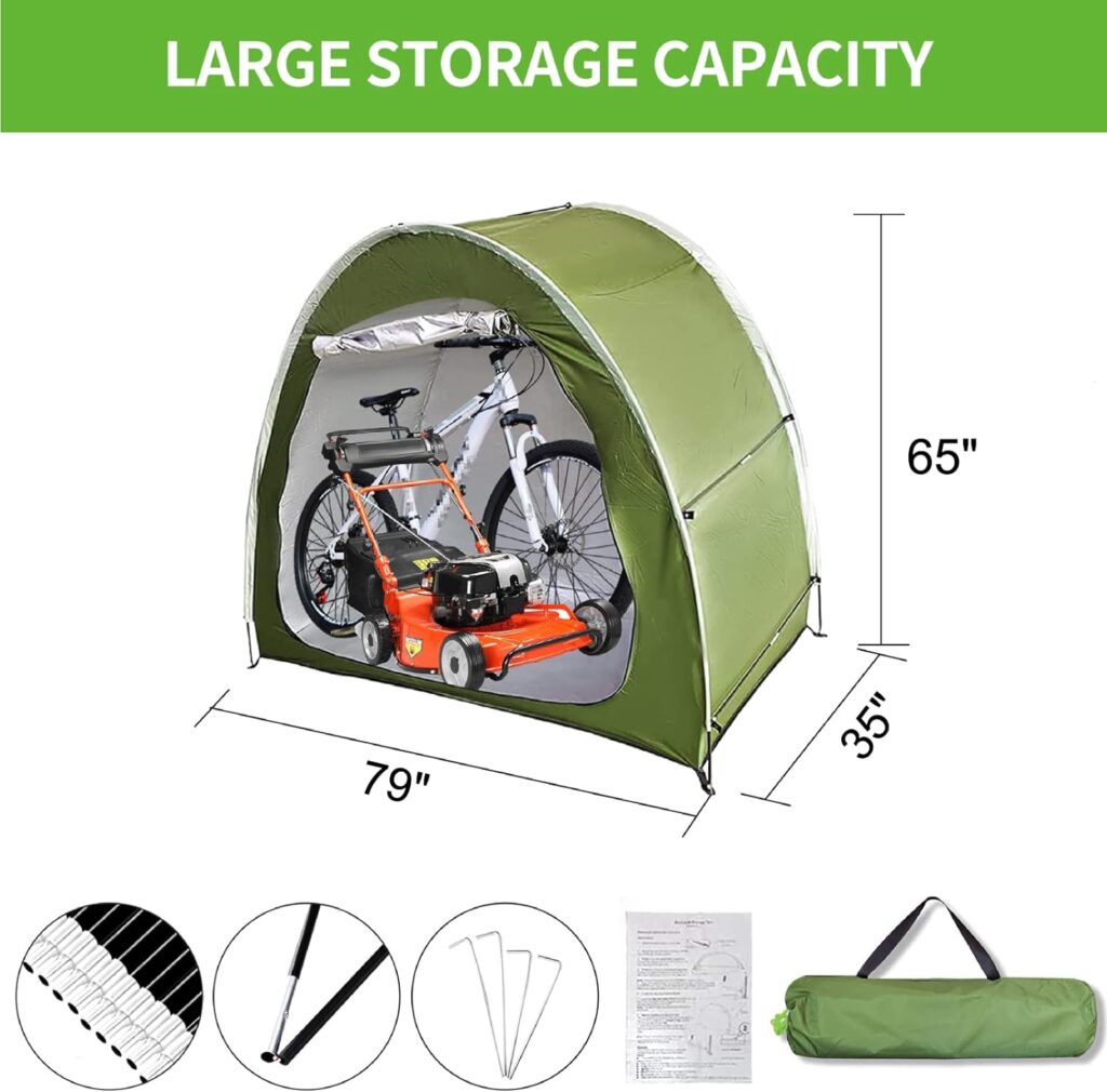 Silver Painted Bike Storage Tent Shed, 79 Outdoor Portable Cover for Bike, Lawn Mower  Garden Tools Bike Shelter, Waterproof Multifunctional Storage Tent Green