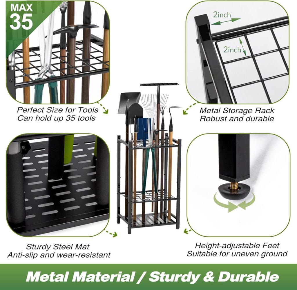 Sttoraboks Garden Tool Organizer, Yard Tool Tower Rack for Garage Organization and Storage, Up to 35 Long-Handled Tools/Rakes/Brooms, Heavy Duty Steel Garden Tool Stand for Shed, Outdoor, Home, Black